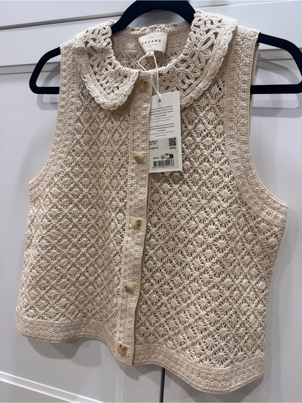 Sézane Mirabella Cream Crochet Button-Down Sleeveless Top